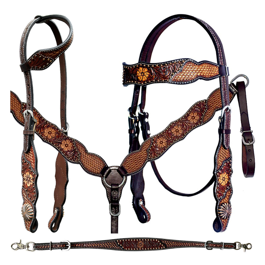 Bar H Equine Genuine Western American Leather Horse Headstall and Breast Collar Set - Uhorse