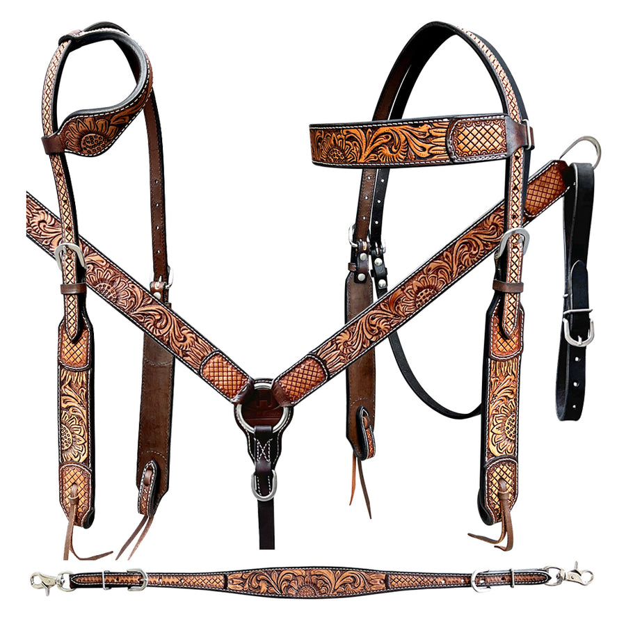Bar H Equine American Leather Horse Saddle Tack One Ear Headstall | Breast Collar Browband Wither Strap Set BER268