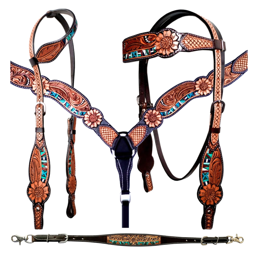 Bar H Equine American Leather Horse Saddle Tack One Ear Headstall | Breast Collar Browband Wither Strap Set BER284