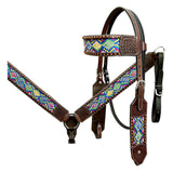 Bar H Equine Horse Genuine Leather embroidery design Breast Collar ,Headstall Brown