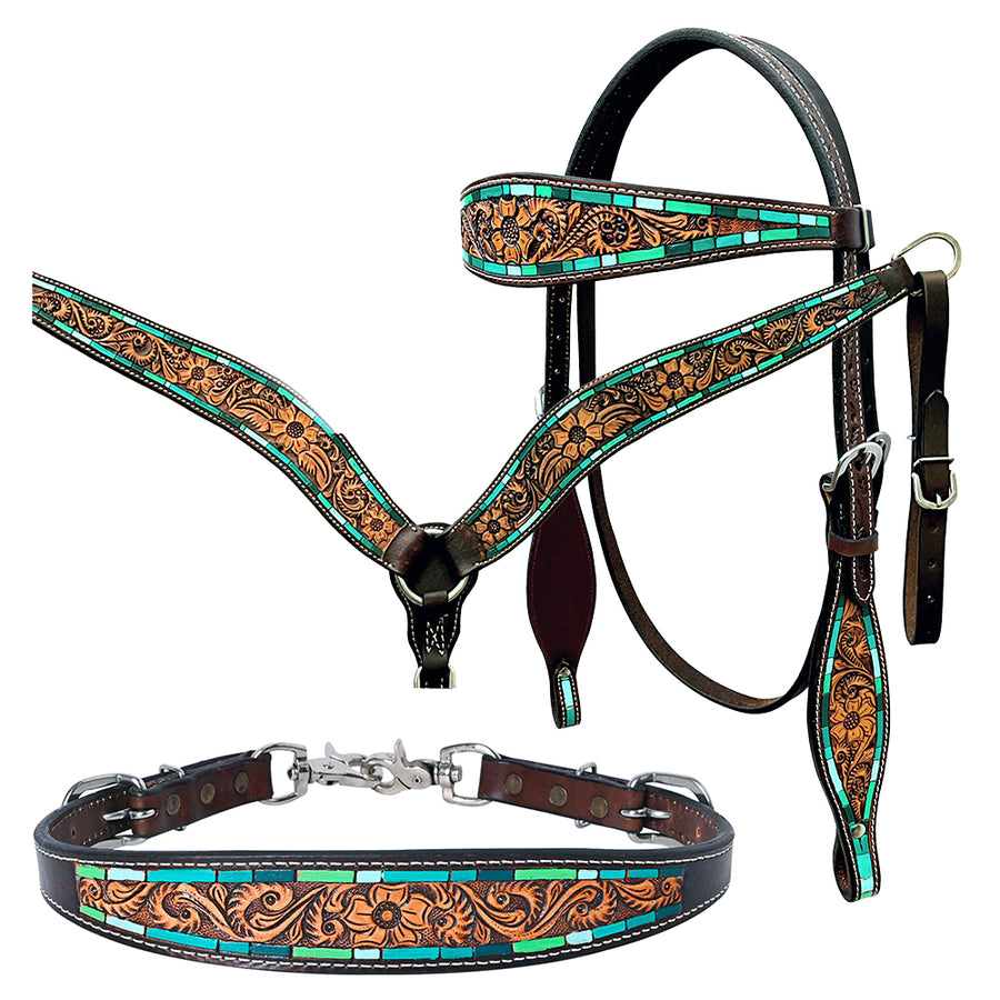 Bar H Equine Genuine Western American Leather Horse Premium Headstall & Breast Collar Set