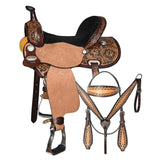 COMFYTACK Western Horse Barrel Racing American Leather Saddle Floral Carved & Tack Set Dark Brown