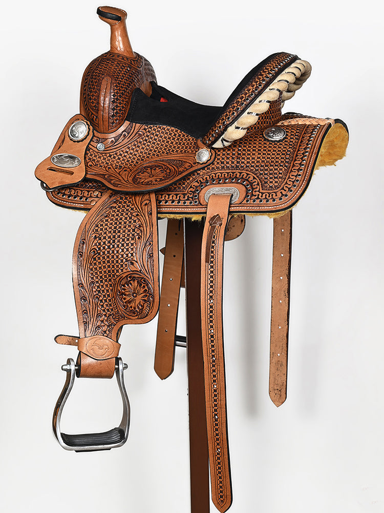 Comfytack Brown Western Kids Youth Children Miniature Pony Saddle Leather Trail Tack Set | Hand Tooled Saddle | Western Saddle | Saddle for Horses | Horse Tack Set