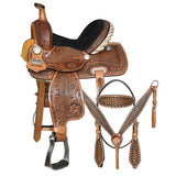 COMFYTACK Western Horse Barrel Racing American Leather Saddle Floral Carved & Tack Set Brown