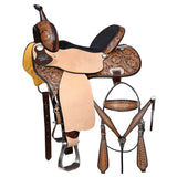 COMFYTACK Western Horse Barrel Racing American Leather Saddle Floral Carved & Tack Set Dark Brown