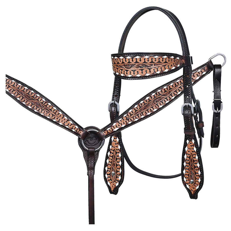 Comfytack Western Horse Headstall Breast Collar Hand Tooled Genuine American Leather Tack Dark Brown - Uhorse