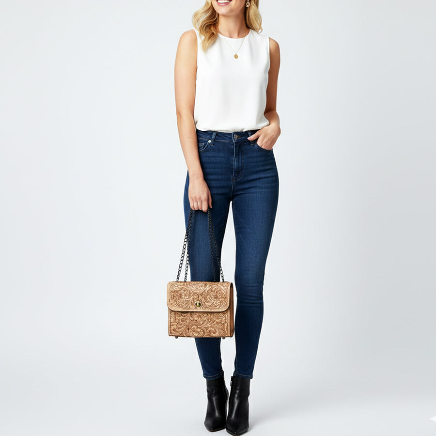 American Darling Hand-Tooled Leather Small Cross Body Bag with Floral Carving, Genuine Leather Build, Chain Strap & Well-Compartmentalized Interior