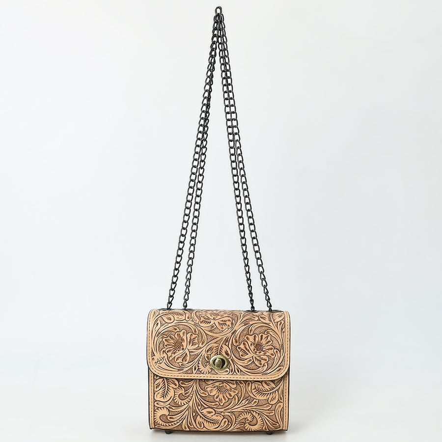 American Darling Hand-Tooled Leather Small Cross Body Bag with Floral Carving, Genuine Leather Build, Chain Strap & Well-Compartmentalized Interior