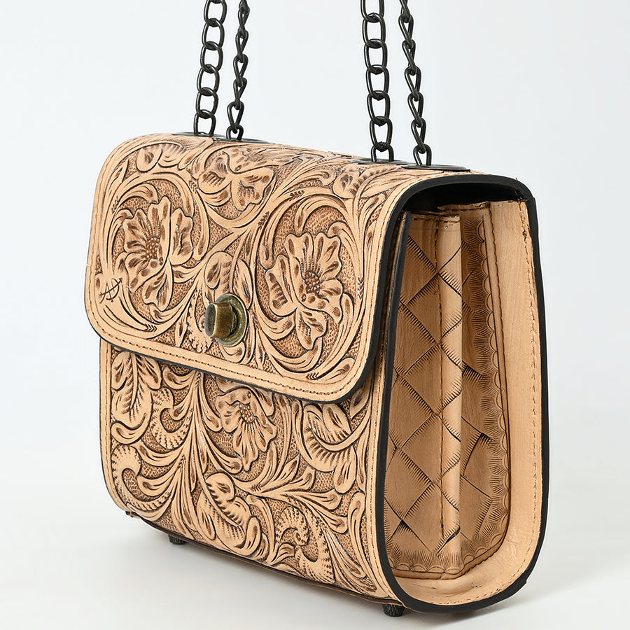 American Darling Hand-Tooled Leather Small Cross Body Bag with Floral Carving, Genuine Leather Build, Chain Strap & Well-Compartmentalized Interior