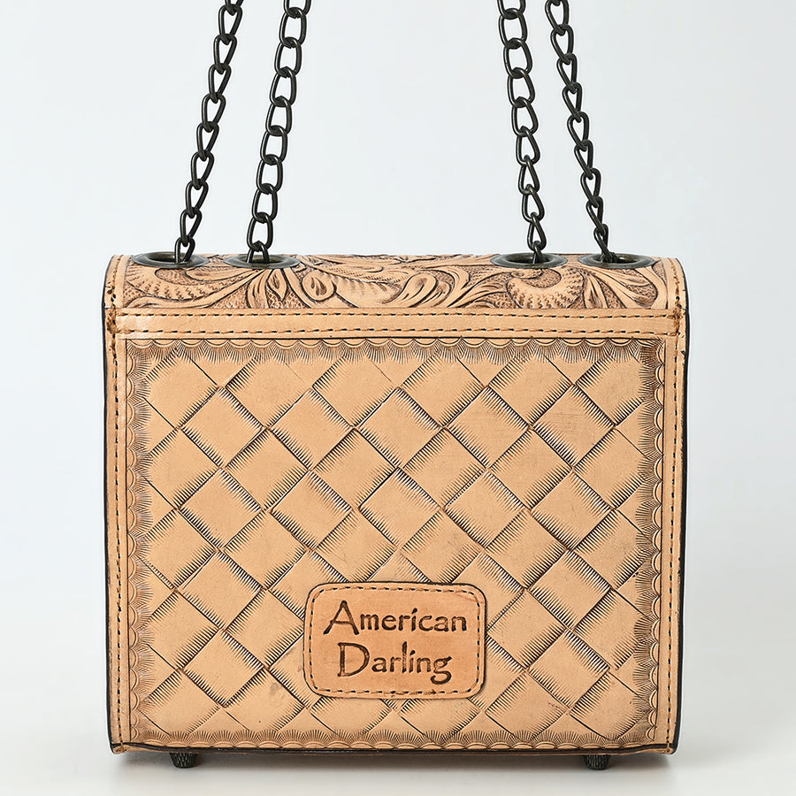 American Darling Hand-Tooled Leather Small Cross Body Bag with Floral Carving, Genuine Leather Build, Chain Strap & Well-Compartmentalized Interior