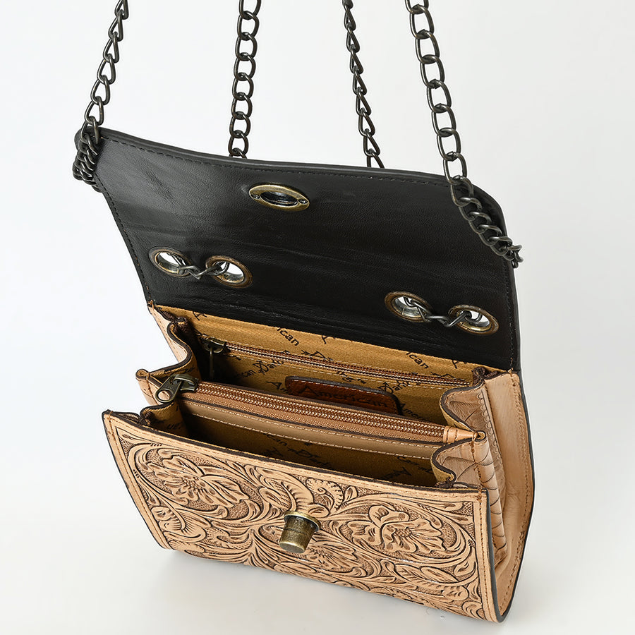 American Darling Hand-Tooled Leather Small Cross Body Bag with Floral Carving, Genuine Leather Build, Chain Strap & Well-Compartmentalized Interior