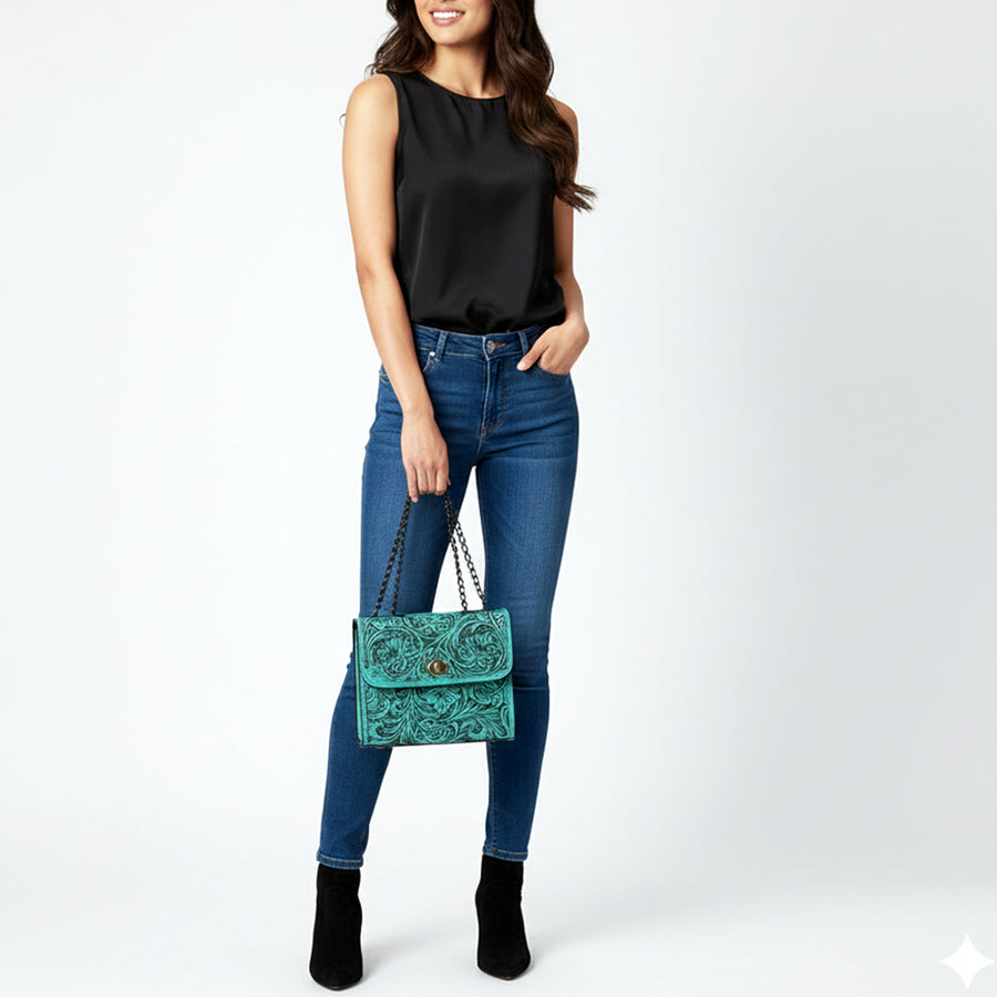 American Darling Hand-Tooled Leather Small Cross Body Bag with Floral Carving, Genuine Leather Build, Chain Strap & Well-Compartmentalized Interior