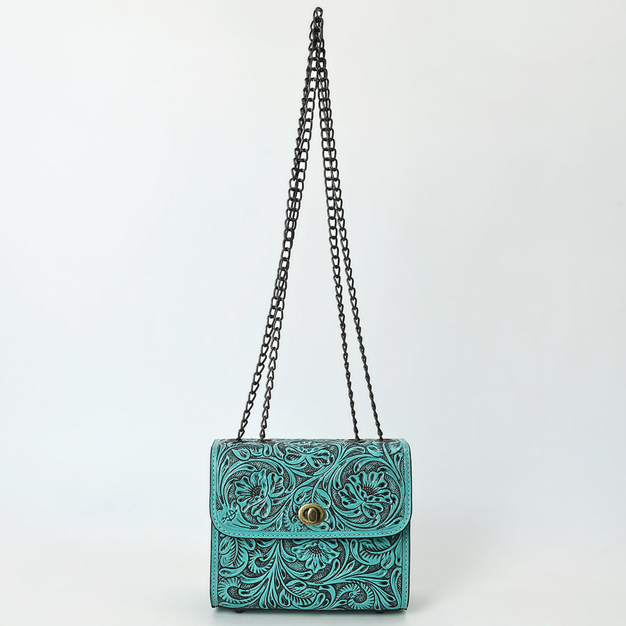 American Darling Hand-Tooled Leather Small Cross Body Bag with Floral Carving, Genuine Leather Build, Chain Strap & Well-Compartmentalized Interior