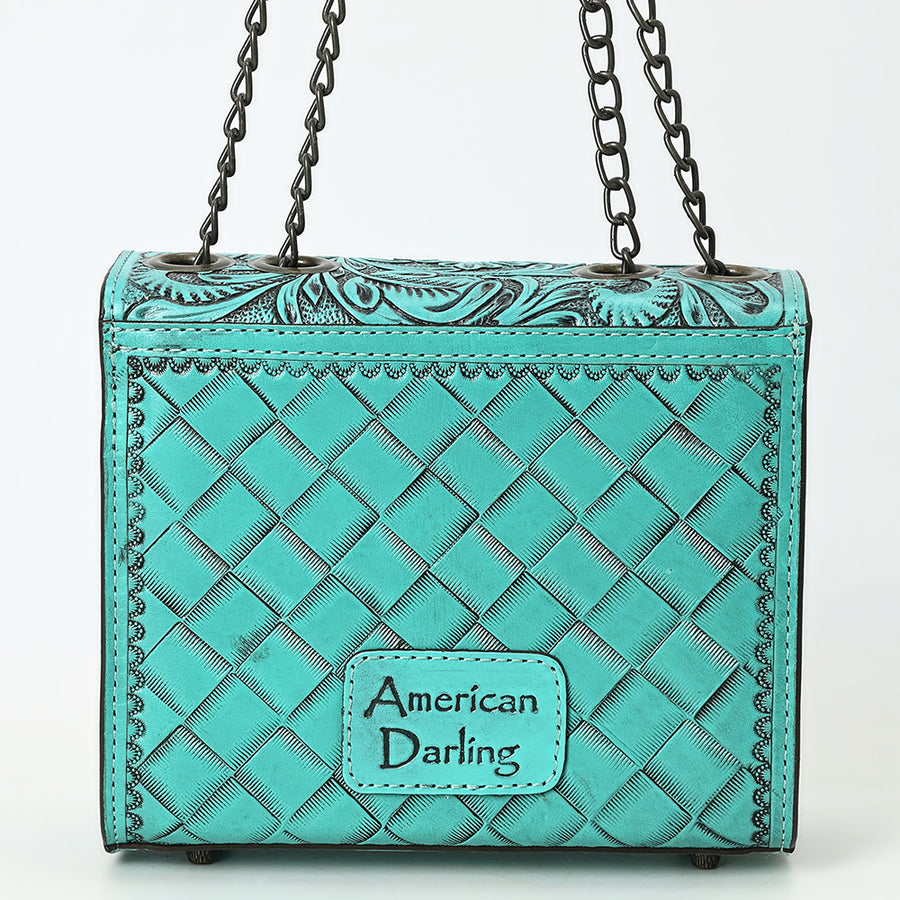 American Darling Hand-Tooled Leather Small Cross Body Bag with Floral Carving, Genuine Leather Build, Chain Strap & Well-Compartmentalized Interior