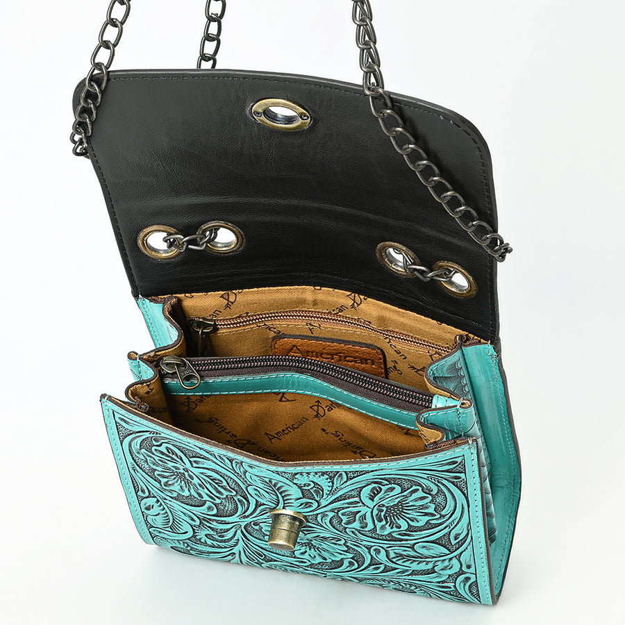 American Darling Hand-Tooled Leather Small Cross Body Bag with Floral Carving, Genuine Leather Build, Chain Strap & Well-Compartmentalized Interior