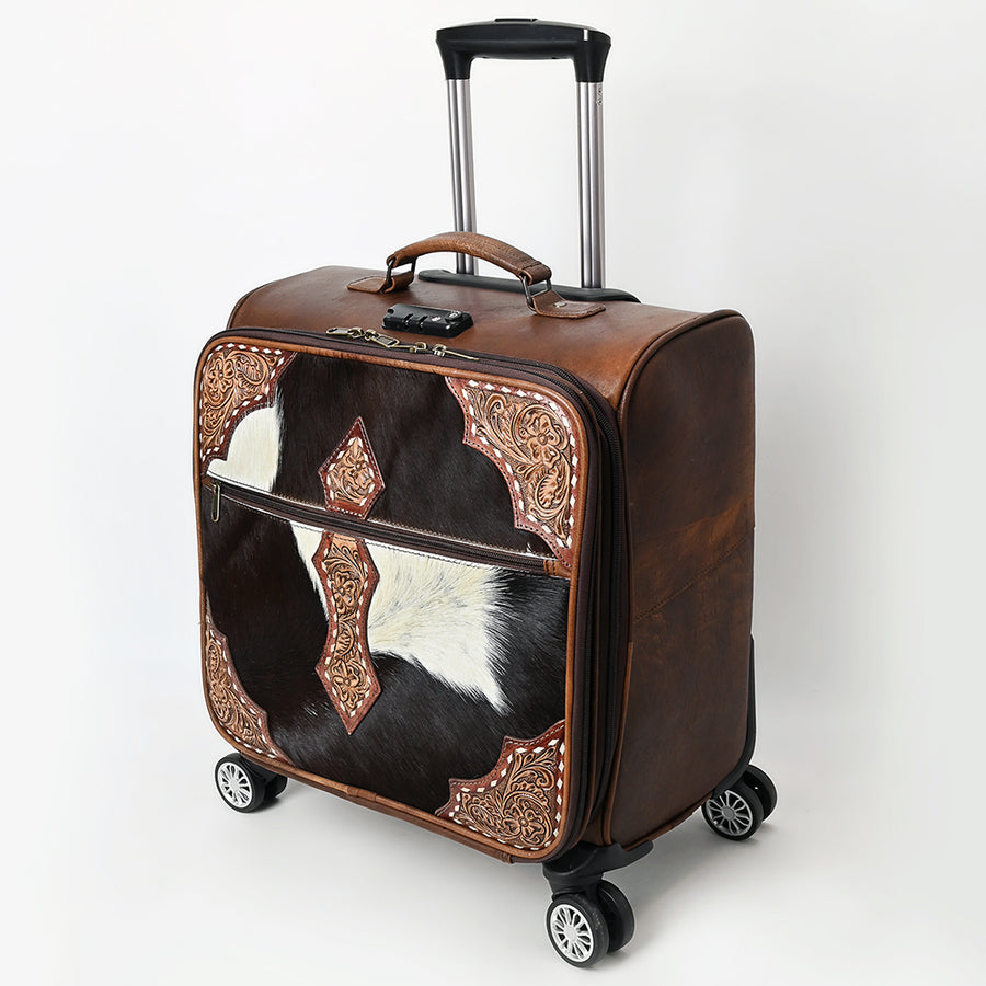 American Darling Western Leather Travel Case with Hair-On Cowhide and Hand Tooled Floral - Uhorse
