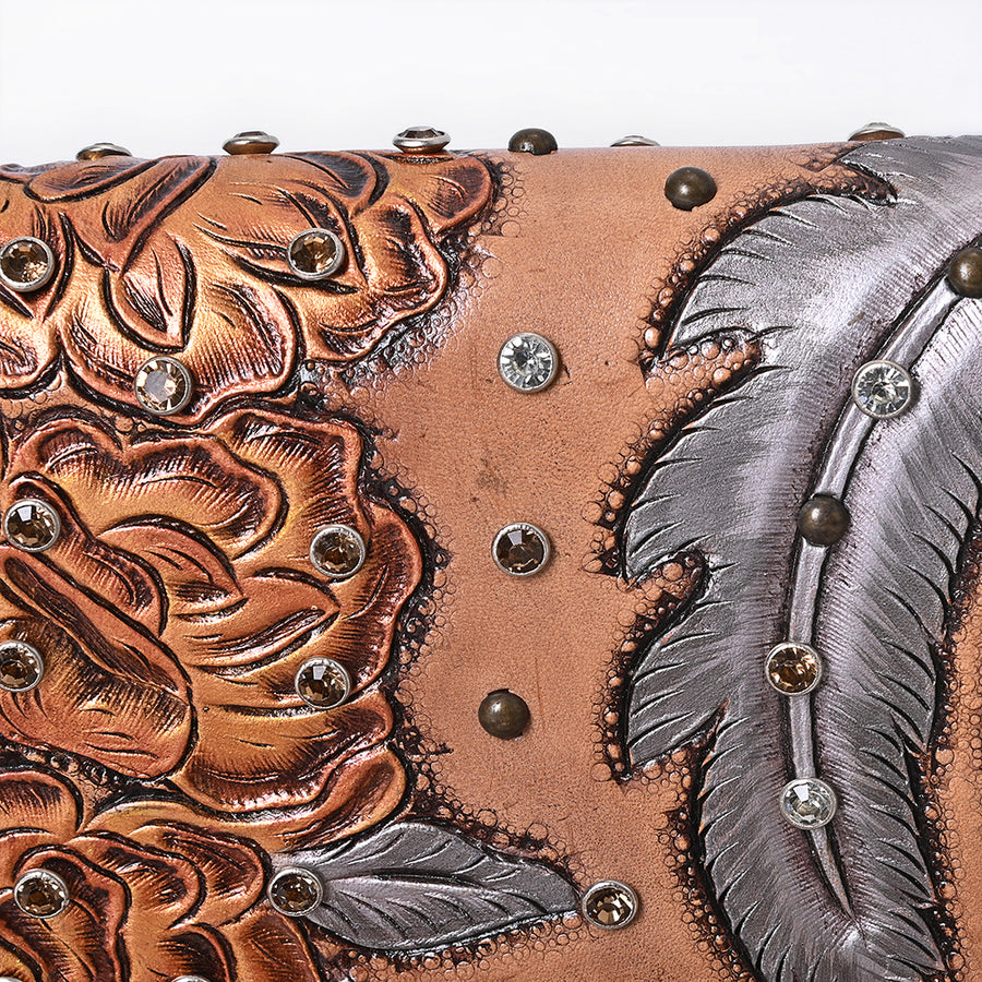 American Darling Hand-Tooled Leather Organiser Bag with Floral Carving, Rivet Embossing, Genuine Leather Build & Well-Compartmentalized Interior
