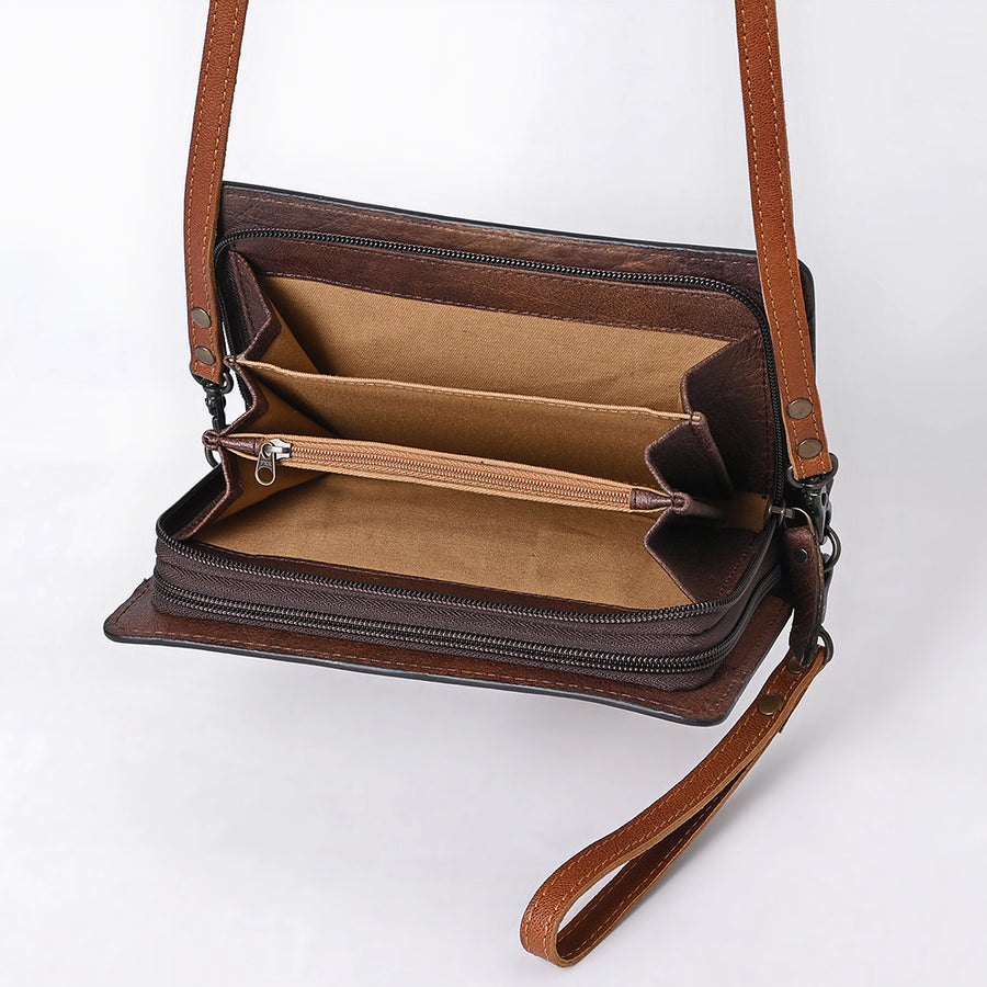 American Darling Hand-Tooled Leather Organiser Bag with Floral Carving, Rivet Embossing, Genuine Leather Build & Well-Compartmentalized Interior