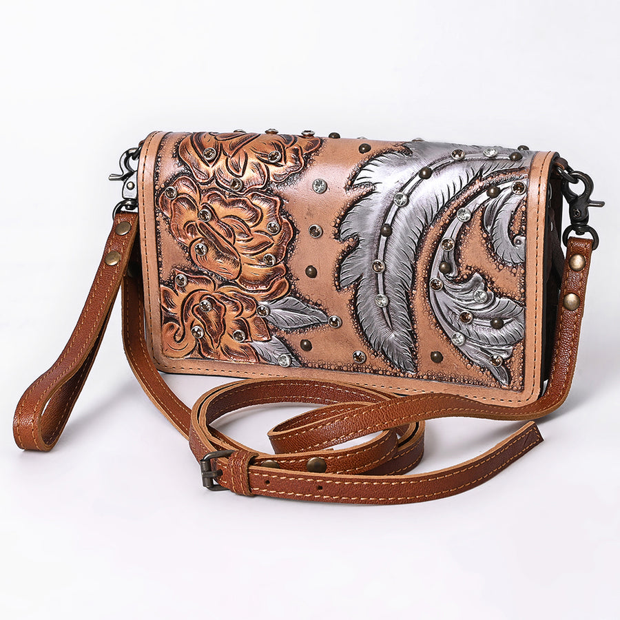 American Darling Hand-Tooled Leather Organiser Bag with Floral Carving and Western Embossed Detailing - Uhorse