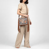 American Darling Hand-Tooled Leather Cross Body Bag with Floral Carving, Fringes, Rivet Embossing, Genuine Leather Build & Well-Compartmentalized Interior
