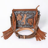 American Darling Hand-Tooled Leather Cross Body Bag with Floral Carving, Fringes, Rivet Embossing, Genuine Leather Build & Well-Compartmentalized Interior