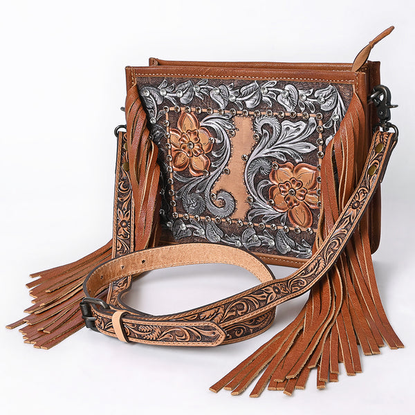 American Darling Hand-Tooled Leather Cross Body Bag with Floral Carving, Fringes and Western Detailing - Uhorse
