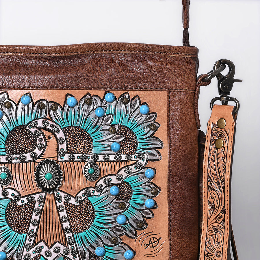 American Darling Hand-Tooled Leather Messenger Bag with Western Carving, Hair-On, Fringes, Rivet Embossing, Genuine Leather Build & Well-Compartmentalized Interior