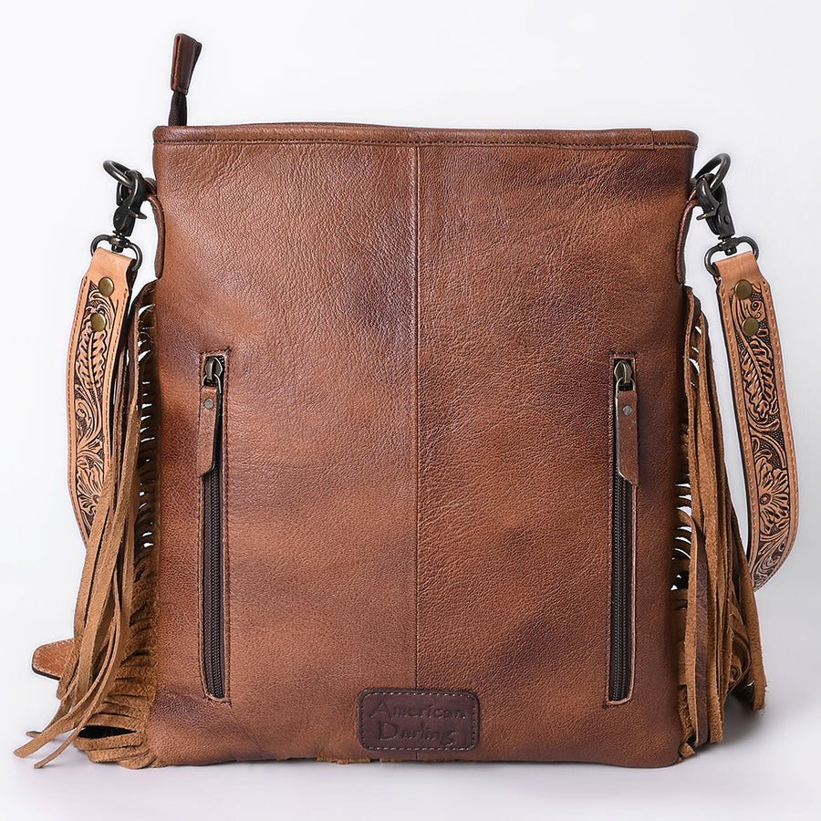 American Darling Hand-Tooled Leather Messenger Bag with Western Carving, Hair-On, Fringes, Rivet Embossing, Genuine Leather Build & Well-Compartmentalized Interior