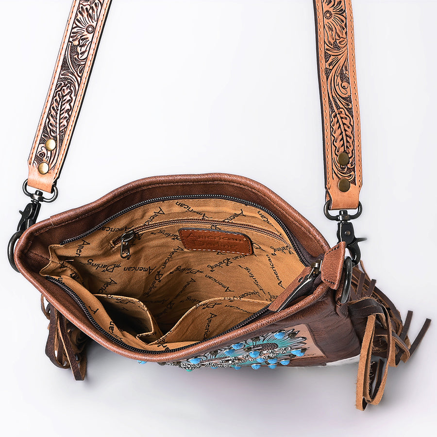 American Darling Hand-Tooled Leather Messenger Bag with Western Carving, Hair-On, Fringes, Rivet Embossing, Genuine Leather Build & Well-Compartmentalized Interior