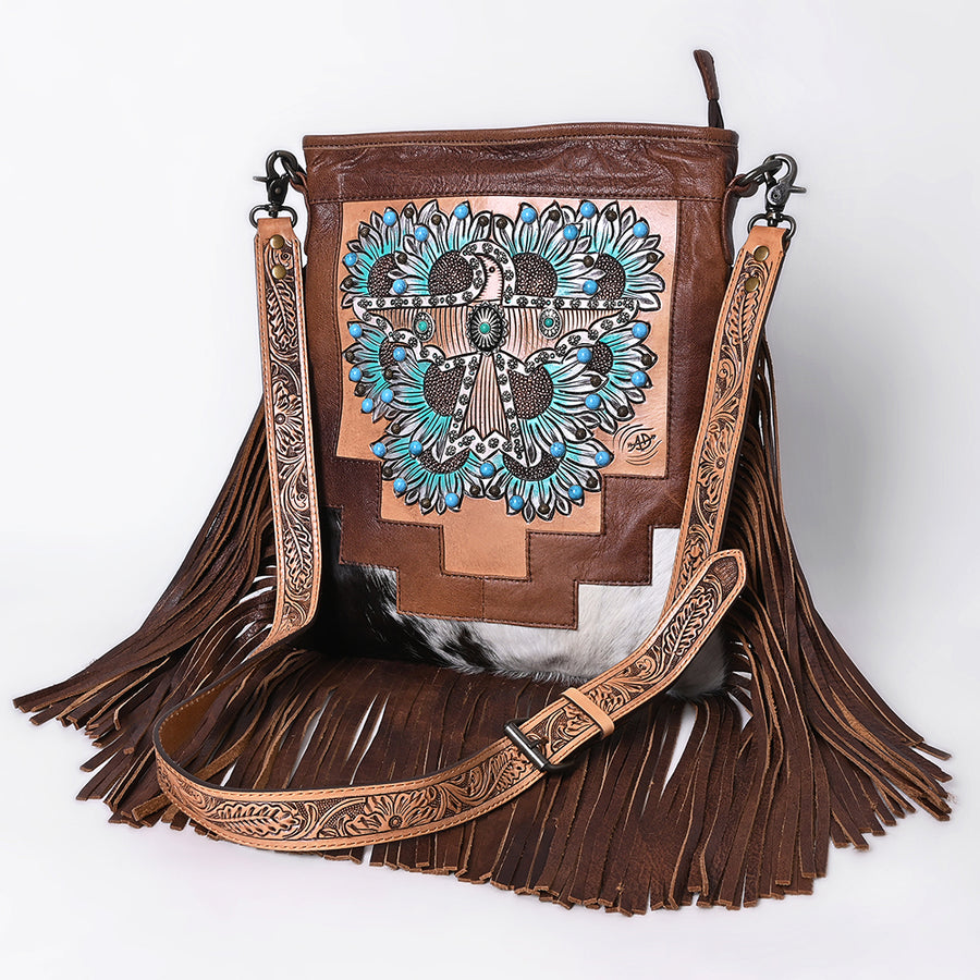 American Darling Hand-Tooled Leather Messenger Bag with Fringes, Hair-On, Western Carving and Craftsmanship - Uhorse