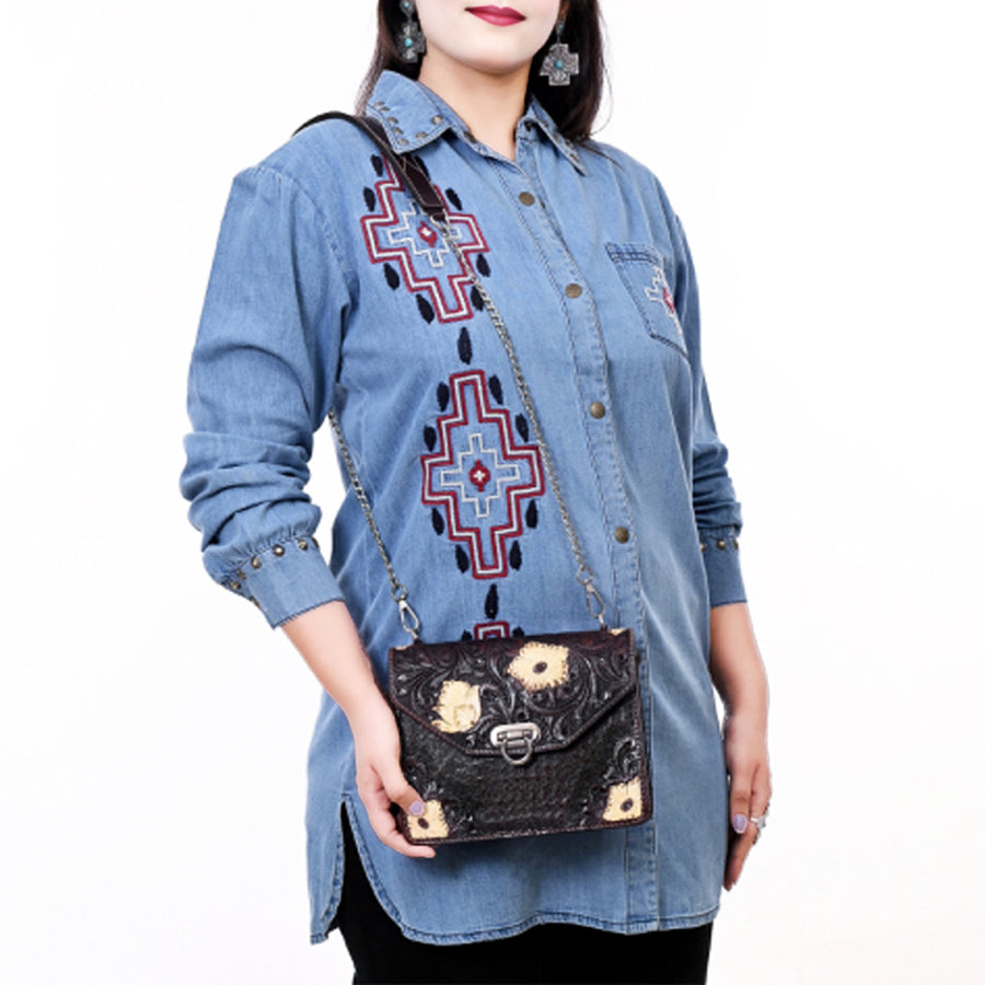 American Darling Hand Tooled Floral Carved Messenger Bag Genuine Vegetable-Tanned Full Grain Leather Western Purse