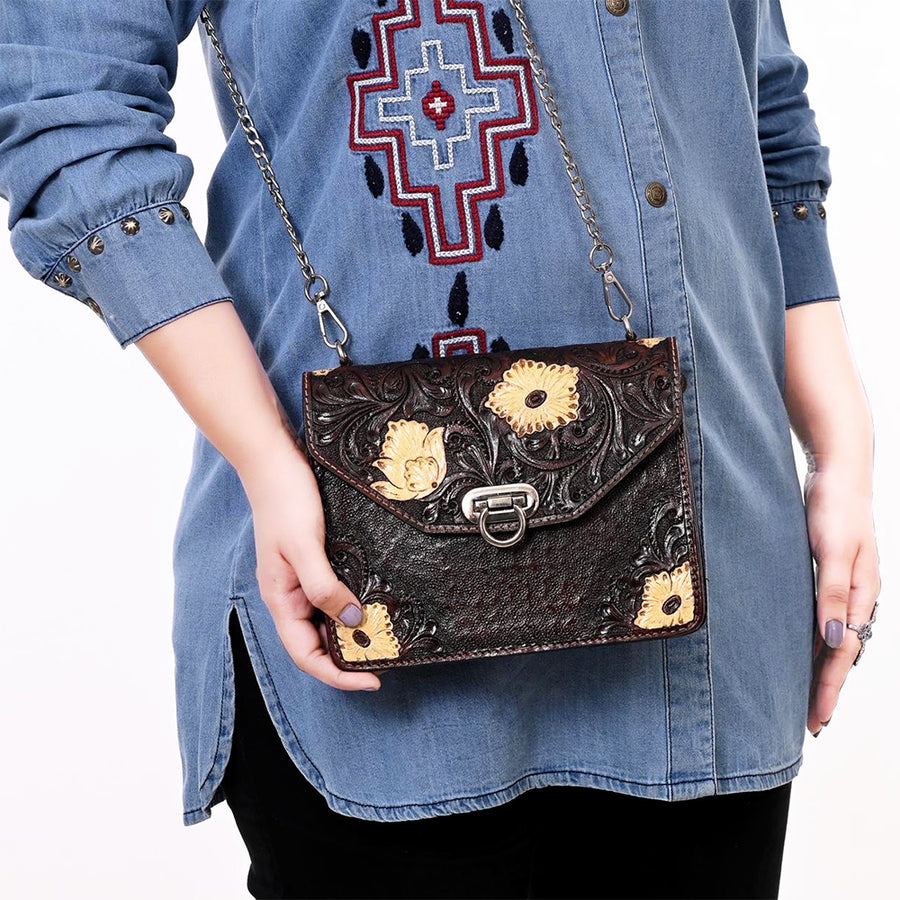American Darling Hand Tooled Floral Carved Messenger Bag Genuine Vegetable-Tanned Full Grain Leather Western Purse