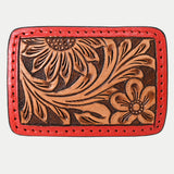 AMERICAN DARLING Floral Hand Carved Painted Belt Buckle Genuine Leather Covered Stylish Buckle