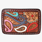 AMERICAN DARLING Floral Hand Carved Painted Belt Buckle Genuine Leather Covered Stylish Buckle