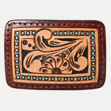 AMERICAN DARLING Floral Hand Carved Painted Belt Buckle Genuine Leather Covered Stylish Buckle