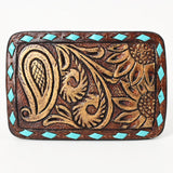 AMERICAN DARLING Floral Hand Carved Painted Belt Buckle Genuine Leather Covered Stylish Buckle