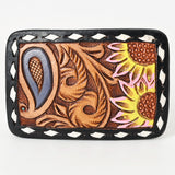 AMERICAN DARLING Floral Hand Carved Painted Belt Buckle Genuine Leather Covered Stylish Buckle