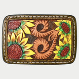 AMERICAN DARLING Floral Hand Carved Painted Belt Buckle Genuine Leather Covered Stylish Buckle