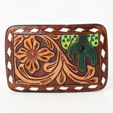 AMERICAN DARLING Floral Hand Carved Painted Belt Buckle Genuine Leather Covered Stylish Buckle