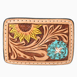 AMERICAN DARLING Floral Hand Carved Painted Belt Buckle Genuine Leather Covered Stylish Buckle