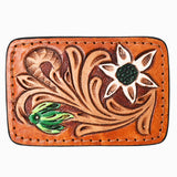 AMERICAN DARLING Floral Hand Carved Painted Belt Buckle Genuine Leather Covered Stylish Buckle