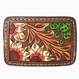 AMERICAN DARLING Floral Hand Carved Painted Belt Buckle Genuine Leather Covered Stylish Buckle