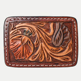 AMERICAN DARLING Floral Hand Carved Painted Belt Buckle Genuine Leather Covered Stylish Buckle