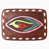 AMERICAN DARLING Floral Hand Carved Painted Belt Buckle Genuine Leather Covered Stylish Buckle