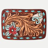 AMERICAN DARLING Floral Hand Carved Painted Belt Buckle Genuine Leather Covered Stylish Buckle