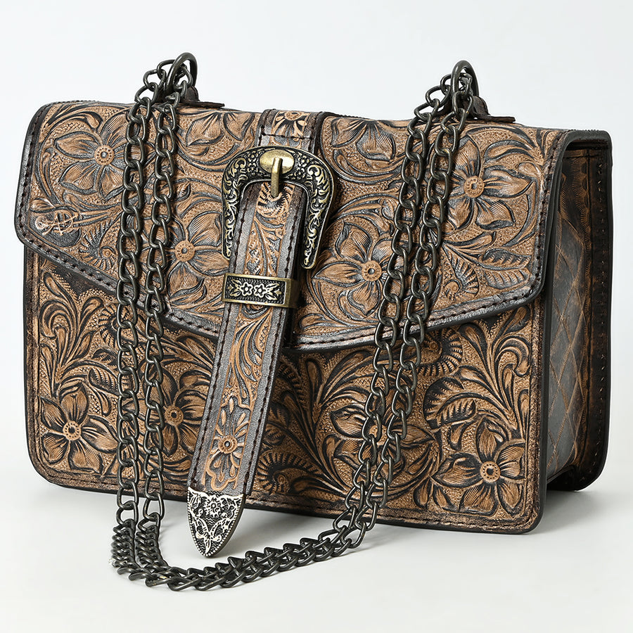 American Darling Western Leather Small Crossbody Bag with Hand-Tooled Floral Design and Chain Strap - Uhorse