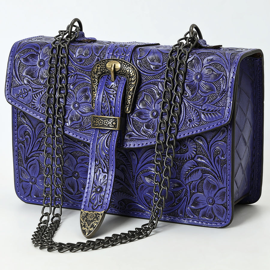 American Darling Western Leather Small Crossbody Bag with Hand-Tooled Floral Design and Chain Strap - Uhorse