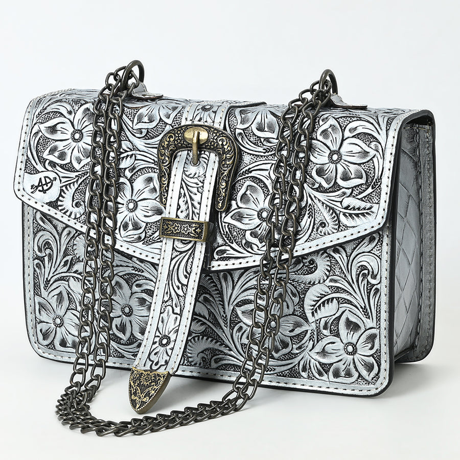 American Darling Western Leather Small Crossbody Bag with Hand-Tooled Floral Design and Chain Strap - Uhorse