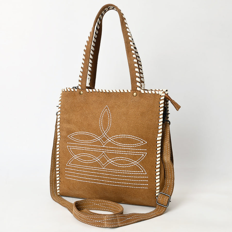 American Darling Western Genuine Suede Leather Tote Bag with Braided Trim and Boot-Stitched Detailing - Uhorse