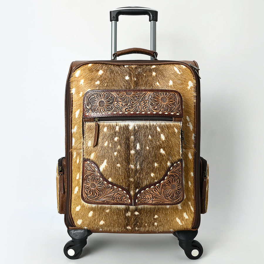 American Darling Western Leather Travel Case with Hair-On Cowhide, Hand-Tooled Accents, Genuine Leather Build, Rolling Wheels & Organized Interior